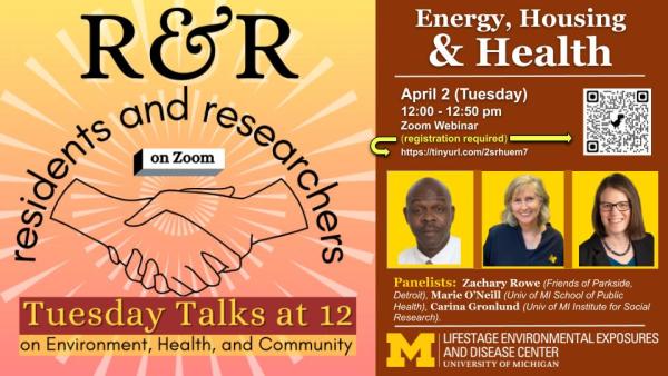 2 hands shaking indicating cooperation between researchers and residents. Headshot photos of the 3 speakers: Zachary Rowe, Marie O'Neill, and Carina Gronlund.