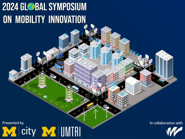 Animated, 3D city with the logos for Mcity, UMTRI, and WAT.
