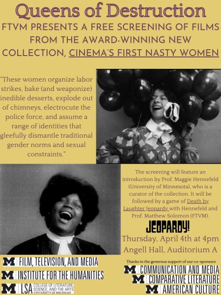 The picture is a flier for the event Queens of Destruction and depicts two laughing women.