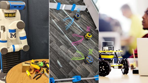 A robot looks at a table full of tools; two small mobile robots are enclosed in a pen communication with one another about where they will move; a student looks on with a close-up of the the same mobile robot.