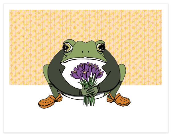 Illustration of frog in a green sweater holding purple flowers