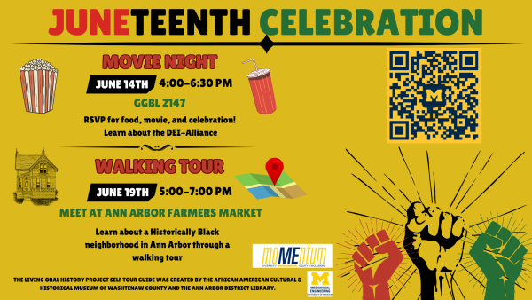 Flyer showing a bucket of popcorn and a soft drink around details for a movie night. A historical home and an unfolded map are positioned around the details for a walking tour. In the bottom right corner of the flyer, there is a graphic of three fists pressed into the air.