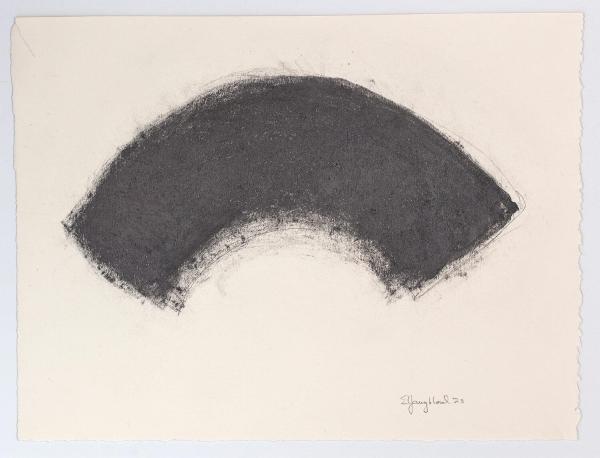 An arched shape in dark ink on a light canvas
