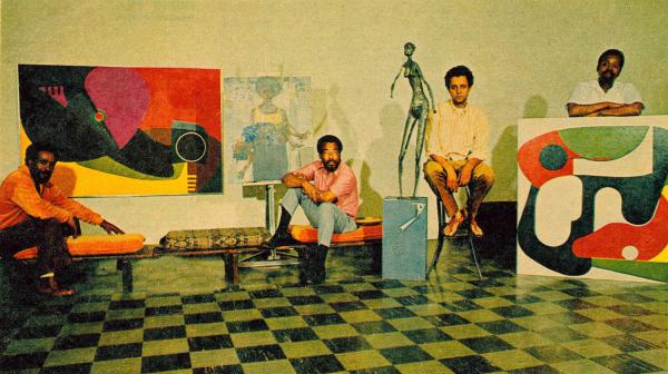From left to right: artists Charles McGee, Harold Neal, James D. King, and James Lee, portrayed at At Detroit News Magazine, November 16th, 1969.