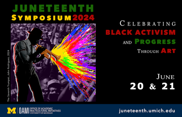 DIgital art of man playing a trumpet with rainbox colors emerging from the instrument. Text provides event details.
