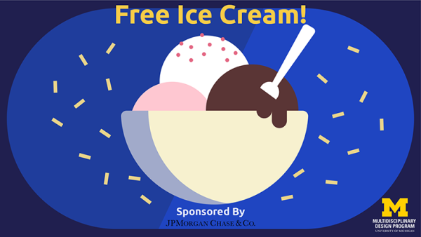 Bowl of ice cream that says Free Ice Cream! above it and Sponsored By JPMorgan Chase & Co underneath