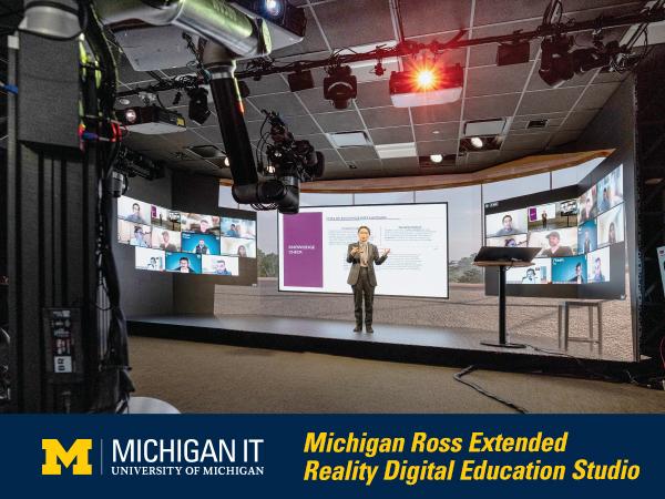 A professor instructing an online course in the Convatec Digital Learning Studio at the Ross School of Business