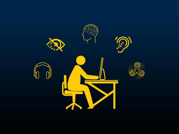 An employee siting at a computer with icons floating above them of noise cancelation headphones, low vision, the brain, hard of hearing, and a fidget spinner.