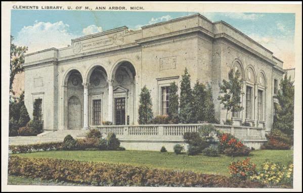 Vintage postcard of Clements Library exterior.