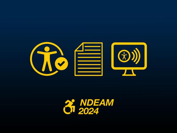 Symbols of an accessibility checker, a document, and a screenreader above the NDEAM 2024 logo
