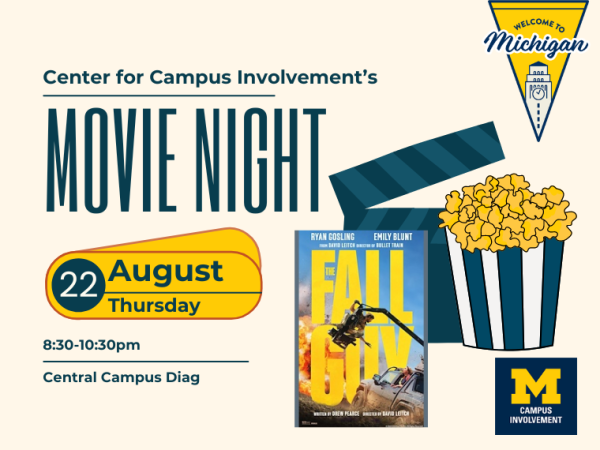 movie night graphic with popcorn, film and an image of Fall Guy movie cover
