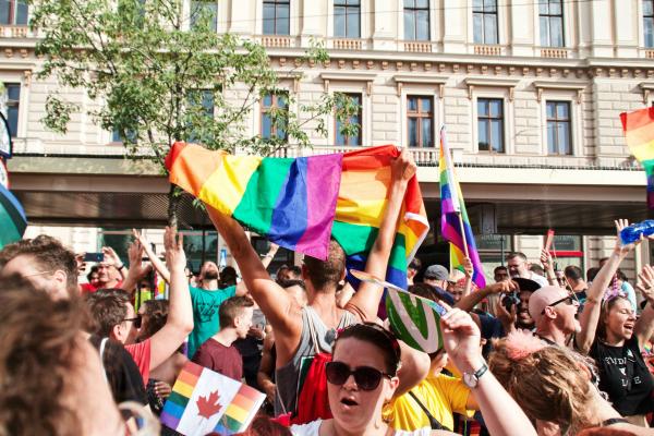 A large crowd of people stand with pride flags outside on a sunny day