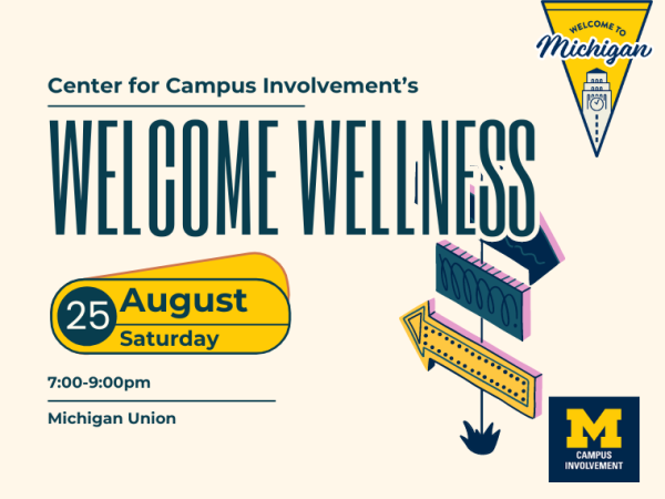 Welcome Wellness event with navigation sign symbolizing resources on campus.