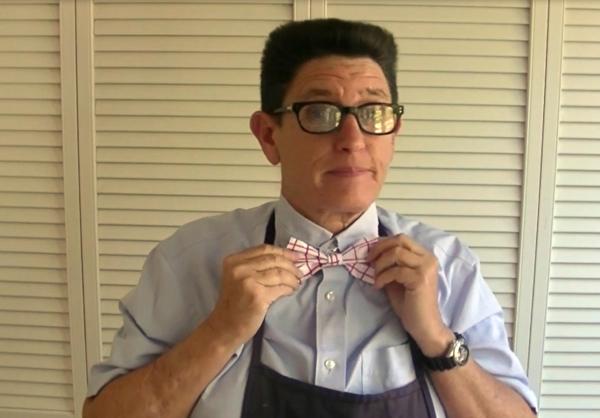 The artist Phranc wears a bow-tie she created.