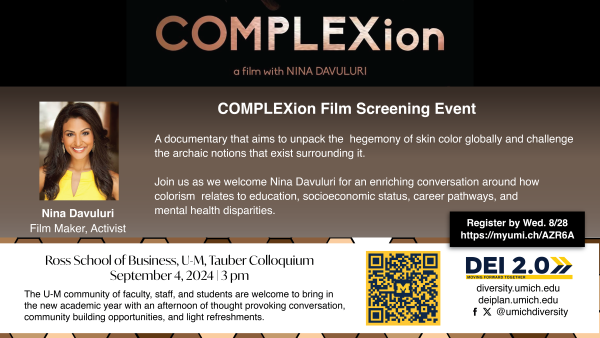 A flier advertising for the film titled "Complexion" with a photo of Nina Davuluri.