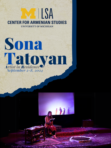 Event poster shows the featured speaker on stage and holding a book