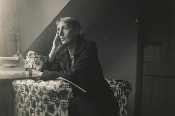 "Virginia Woolf seated in an armchair looking toward a window: black and white photograph, undated,” Virginia Woolf Monk’s House photographs, Houghton Library, Harvard University Library.