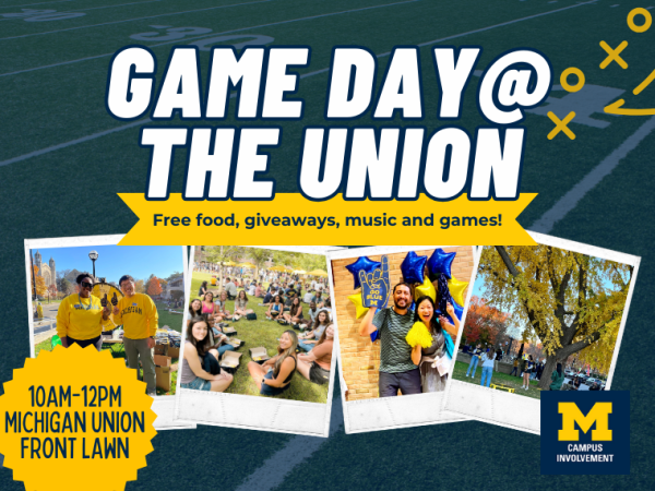 game day at the union event with photos of students playing spikeball, posing in a photobooth and eating on the lawn