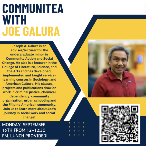 A description of Joe Galura, a photo of Joe Galura smiling, and maize and blue small decorations.