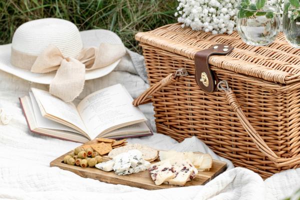 Picnic basket on a blanket