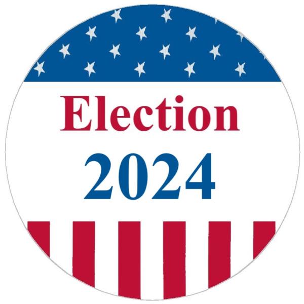 Red, white and blue Election 2024 graphic