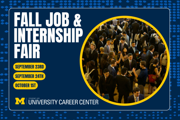 Promotional banner for the "Fall Job & Internship Fair" with the dates September 23rd, September 24th, and October 1st, next to a photo of a crowded job fair.