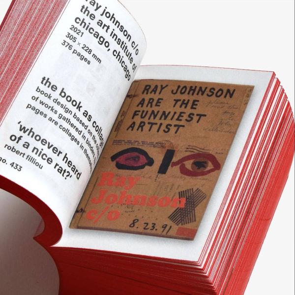 Detail of a book spread, displaying the cover of RAY JOHNSON ARE THE FUNNIEST ARTIST