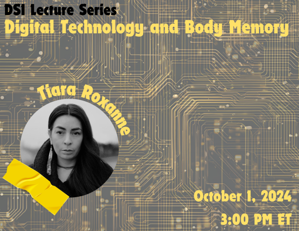 A piece of yellow tape holds up Tiara Roxanne's headshot in front of a background of yellow and black circuitboard.