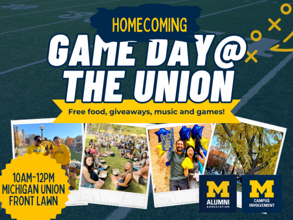 game day at the union event with photos of students playing spikeball, posing in a photobooth and eating on the lawn