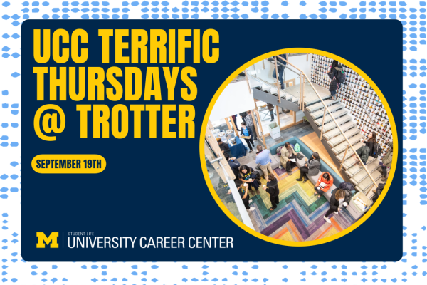 Flyer with "UCC TERRIFIC THURSDAYS @ TROTTER. September 19th" in bold yellowish-orange text beside a circular photo of people in a modern building with colorful decor.
