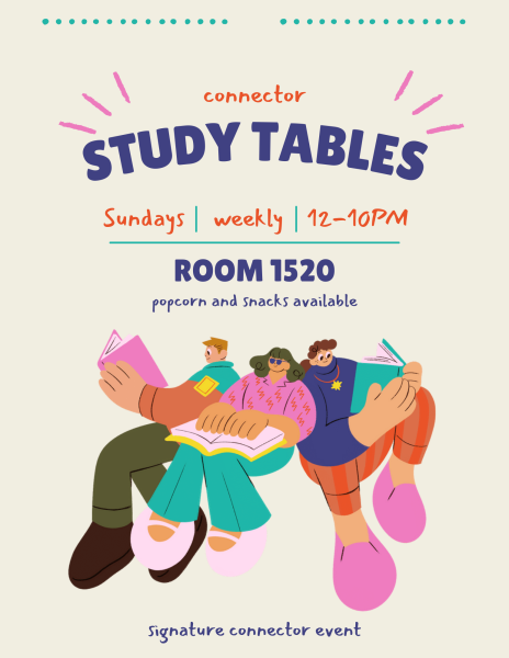 Beige background with a group of animated students reading books advertising Connector Study Tables Sundays Weekly 12-10 PM Room 1520 Popcorn and snacks available