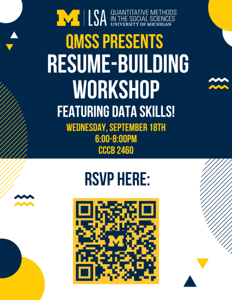 Dark blue background with the Quantitative Methods in the Social Sciences LSA logo and the workshop title, time, day, and location. Reads "QMSS Presents: Resume-Building Workshop featuring data skills! Wednesday, September 18th, 6:00-8:00pm, CCCB 2460.