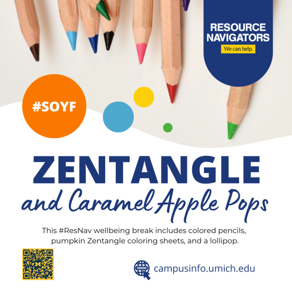 Graphic shows tips of multi-colored pencils at top with event details, as listed in the content box, a QR code for appts and the campusinfo.umich.edu website address.