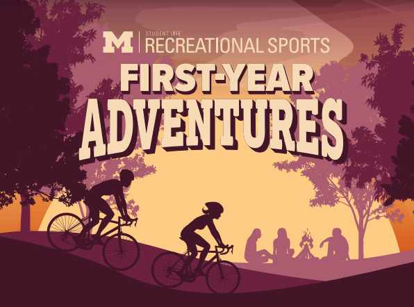 First Year Adventurers biking through rolling hills and forests, with a bonfire in the background.
