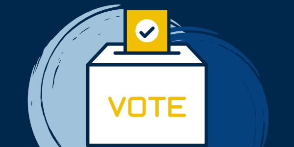 A blue graphic featuring a voting box