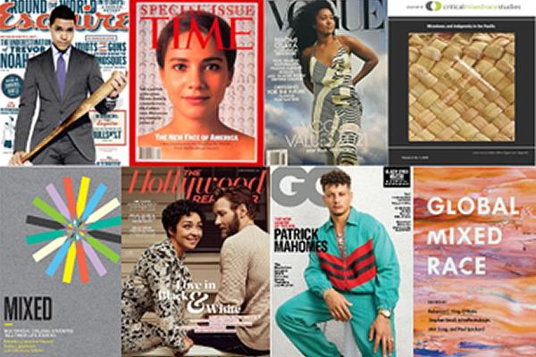 Eight book and magazine covers, including Esquire, Time, and Vogue, with images and stories about being mixed race..