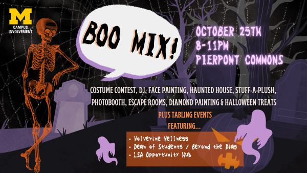 Spooky backdeop with a skeleton and ghosts