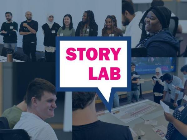 Students discussing and having conversation at the Winter Story Lab