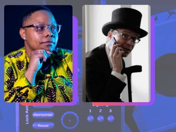 photos of Kishonna Gray and Matthew Solomon over top an image of a VR controller