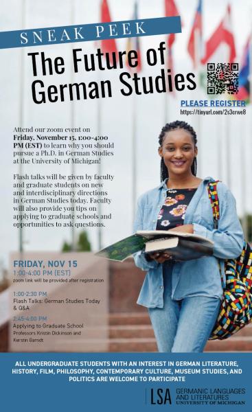 Flyer advertising Prospective German Studies Event with young woman smiling, holding a book