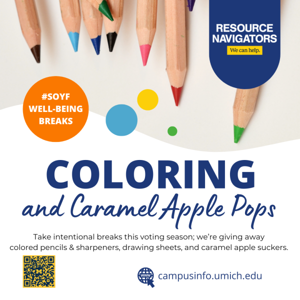 Graphic shows tips of multi-colored pencils at top with event details, as listed in the content box, a QR code for appts and the campusinfo.umich.edu website address.