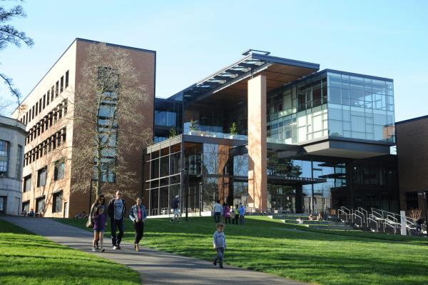 People, kid, walking near the front of Paccar Hall, Business School, contemporary architecture, University of Washington, campus, Seattle, Washington, USA