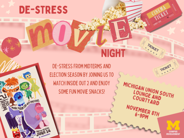 De-stress movie night info graphic, featuring characters from inside out 2