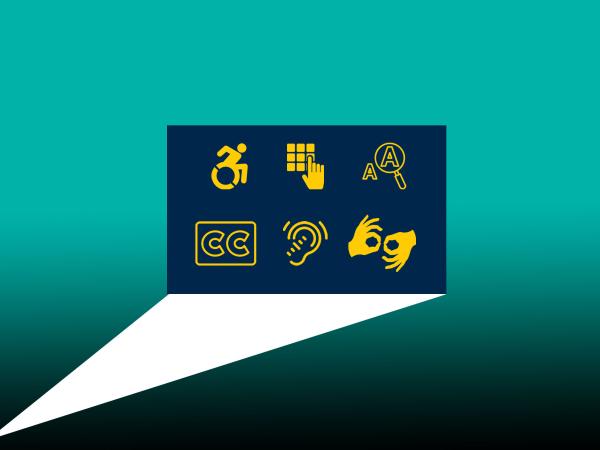 A projected image on a screen of person in a wheelchair, a finger on a keypad, a magnifying glass showing the letter A, the closed caption symbol, an ear, and hands using ASL