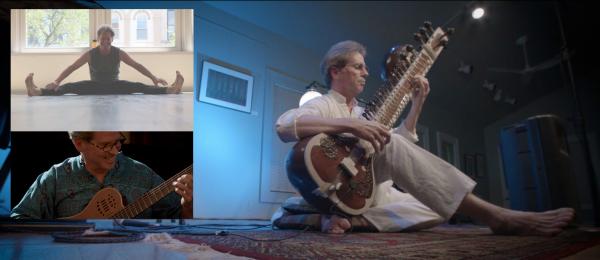 Photos of Robert Newcomb playing music and doing yoga.