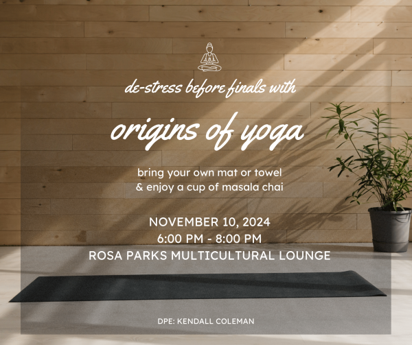 Image of a yoga studio with wooden walls and black yoga mat advertising Origins of Yoga Event.