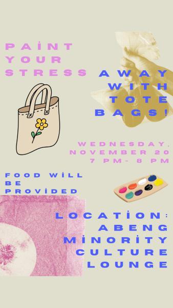 Poster with words stating 'Paint your stress away with tote bags' with images of a tote bag and paint