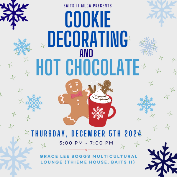 Blue and white poster with snowflakes advertising cookie decorating in Grace Lee Boggs Multicultural Lounge on December 4th from 5:00-7:00 PM.