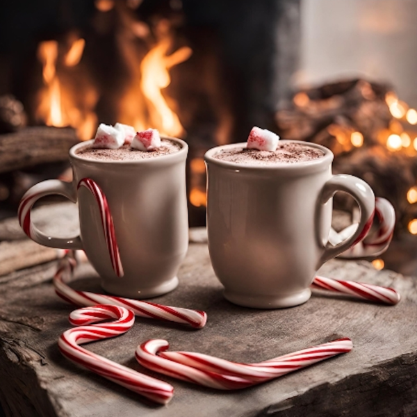 Two mugs with hot chocolate on a plate with candy canes
