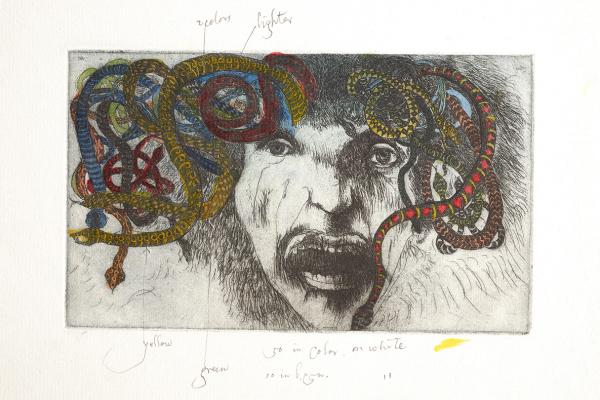 Proof of a hand-colored engraving (an open-mouthed face with colorful snakes protruding from its head) by Leonard Baskin, an original artwork connected to the planning of "Capriccio," with poems by Ted Hughes and engravings by Leonard Baskin, The Gehenna Press, 1990.